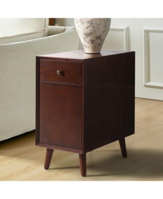 1Pc Mitch Mid-Century End Table with Storage Built-In Outlets & Cup Holder Tray Wood Side Table