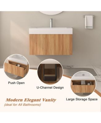 30" Bathroom Vanity – Wall-Mount Floating Cabinet, Acacia Plywood Finish, Integrated Sink & Basin