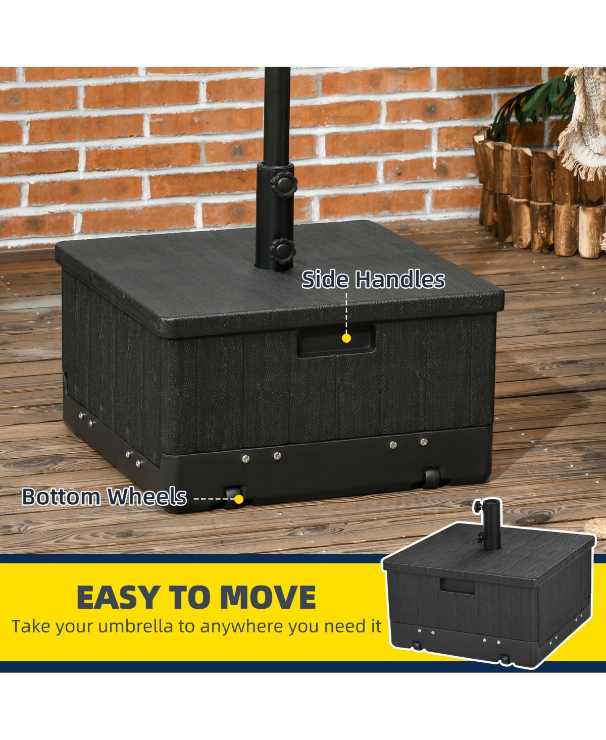 Outsunny 3-in-1 Outdoor Umbrella Base, Coffee End Table, Flower Box Planter, 175lbs Capacity Patio Umbrella Stand Table with Wheels and Handles