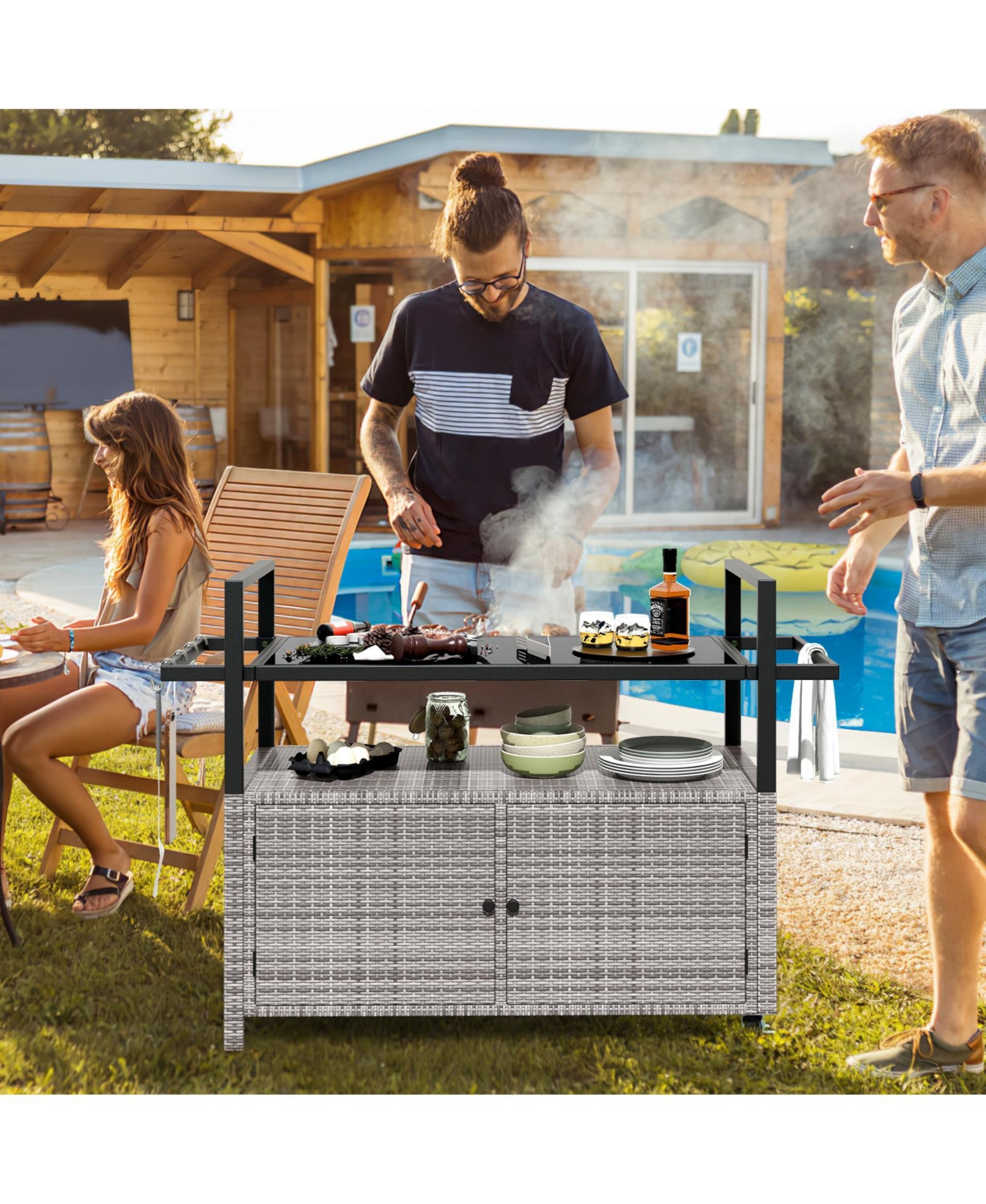 Sugift Outdoor Bar Cart Wicker Buffet Serving Cart with Cabinet and 8 Hooks