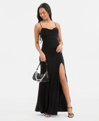 Juniors' Spaghetti Strap Cowlneck Slit Gown 