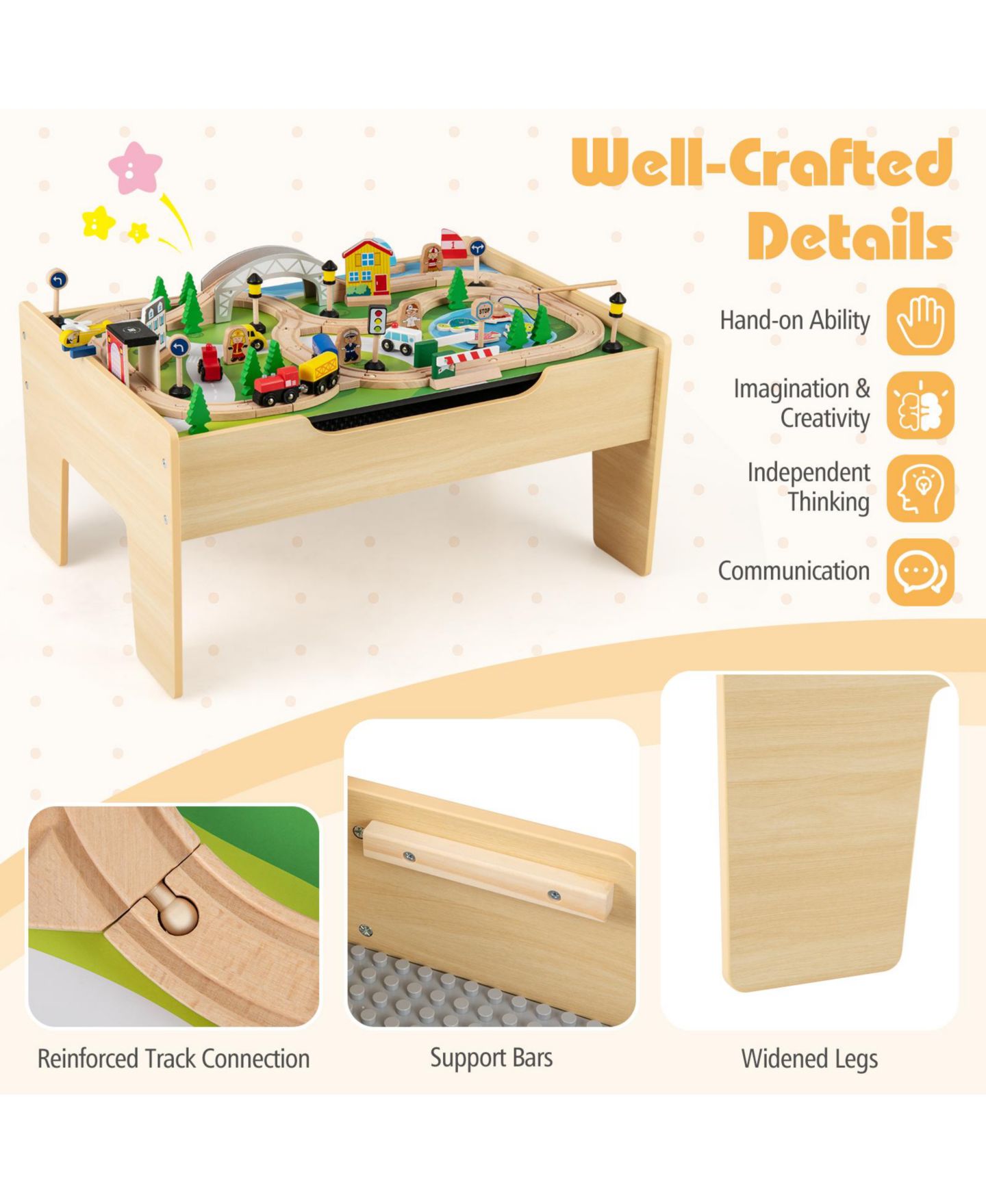 Детский игровой набор HONGGE 78-Piece Wooden Railway Train Playset, цвет: Натуральный — фото 3