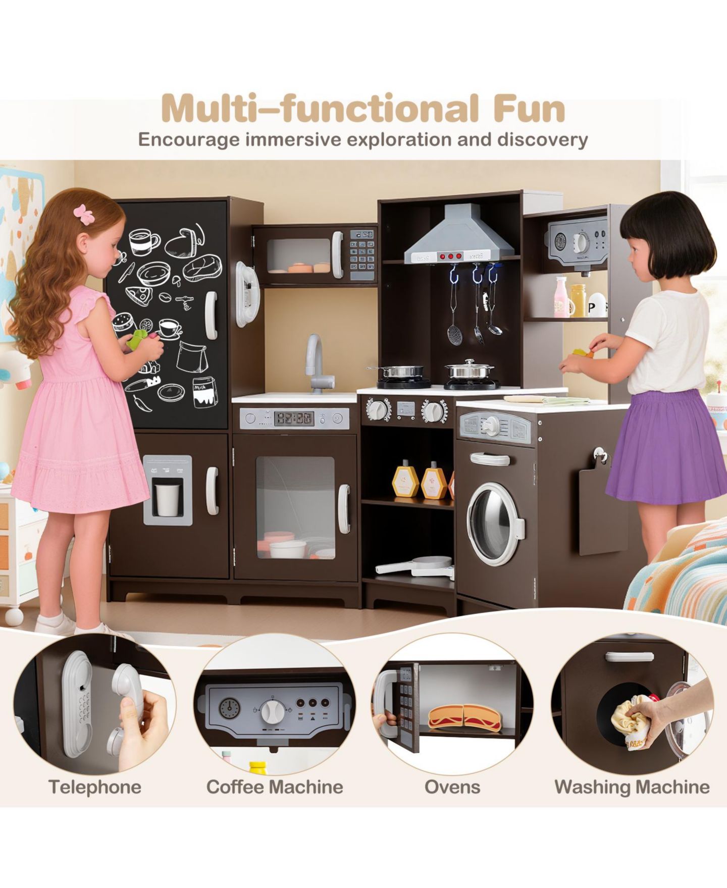 Детские игрушки SKONYON Wooden Corner Multi-Piece Play Kitchen Set with Lights and Sounds, Ages 3+, цвет: Коричневый — фото 6