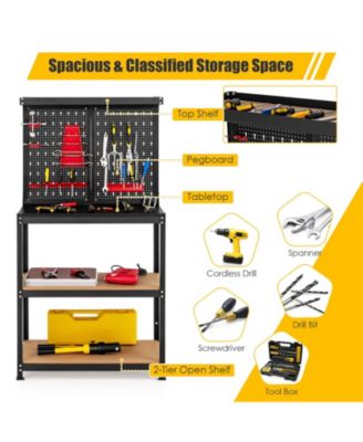 Tool Storage Workbench with Peg Board 2 Lower Shelves 14 Hanging Accessories
