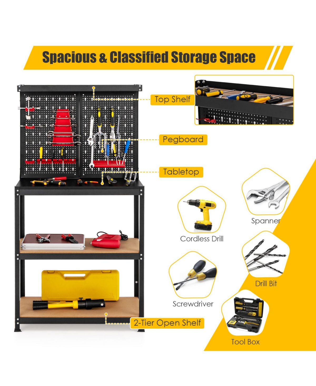 Sugift Tool Storage Workbench with Peg Board 2 Lower Shelves 14 Hanging Accessories