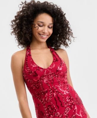 Juniors' Sequined Halter-Neck Evening Gown