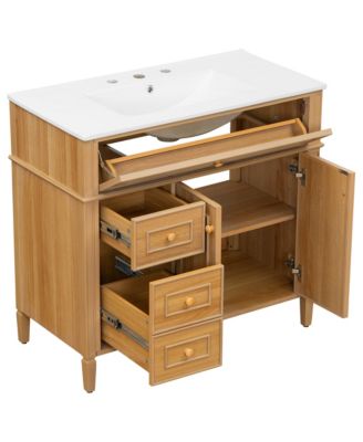 36" Bathroom Vanity with Sink, Wood Vanity Cabinet with Flip-Out Drawer, Solid Wood & MDF, Elegant Rubber Wood Handles