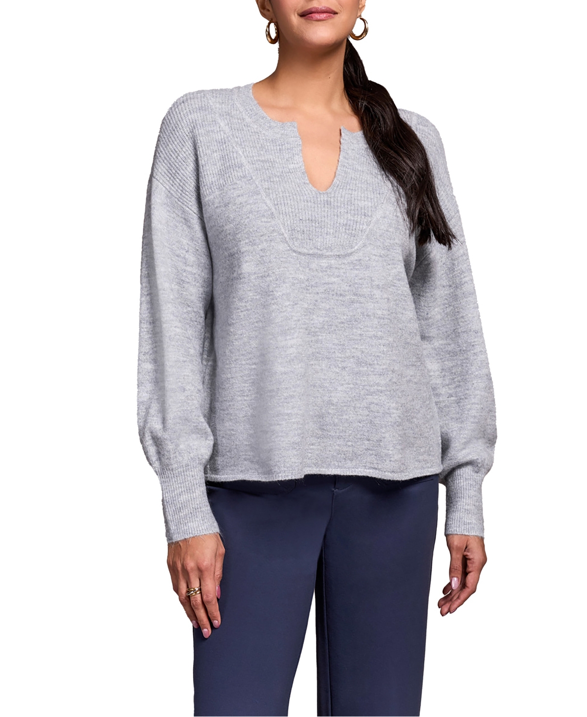 Tribal Women's Mandarin Collar Long Puff Sleeve Sweater In Gray
