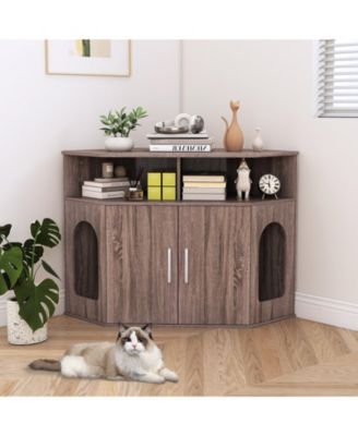 3-Tier Modern Corner Cat Litter Box Enclosure w/ Storage Shelves Double Doors