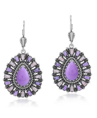 Sterling Silver Phosphosiderite, Rhodochrosite, and Amethyst Cluster Pear Shaped Dangle Earrings