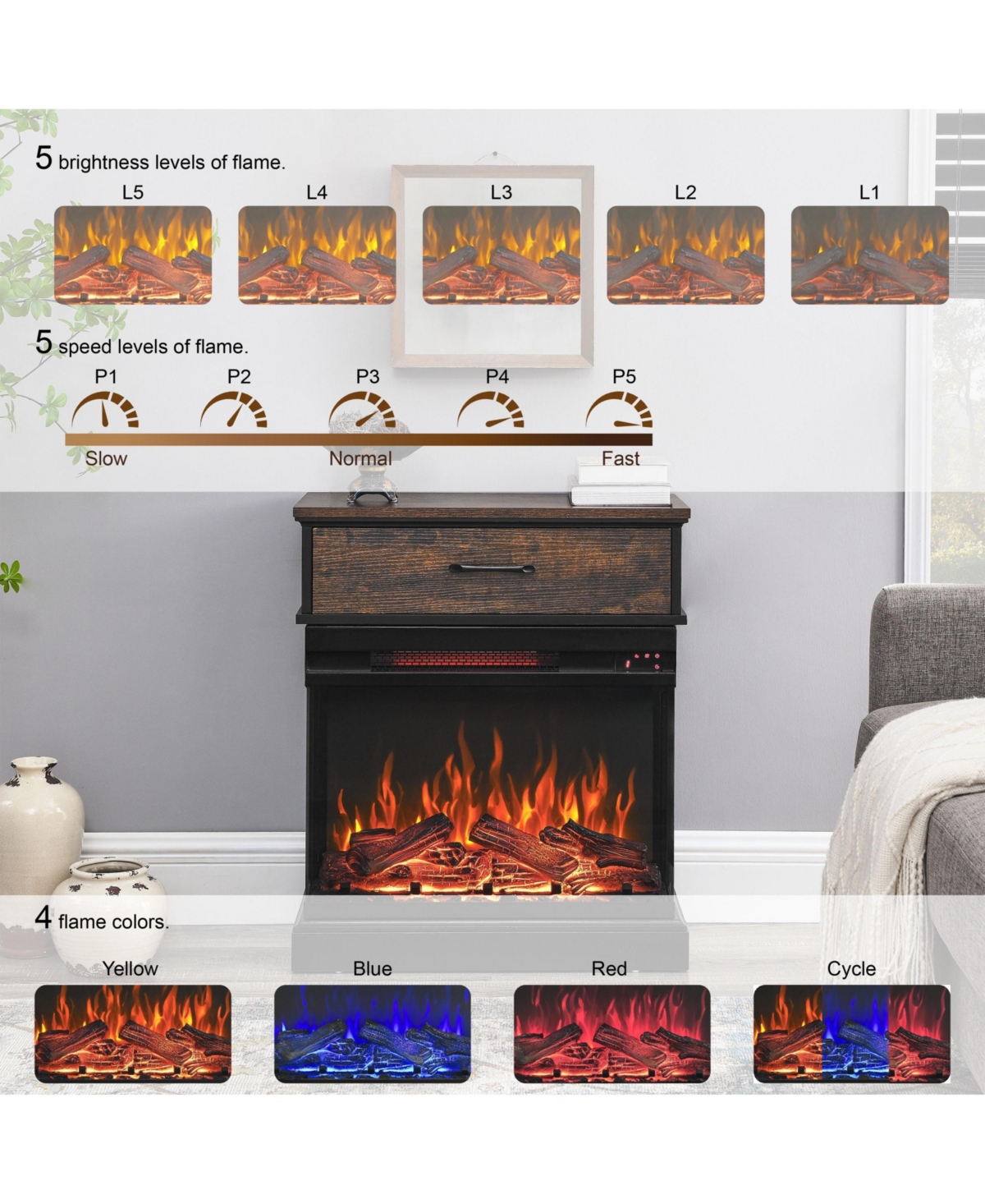 Flynama 25 inch Stand Side Table with 3-Sided glass Electric Fireplace