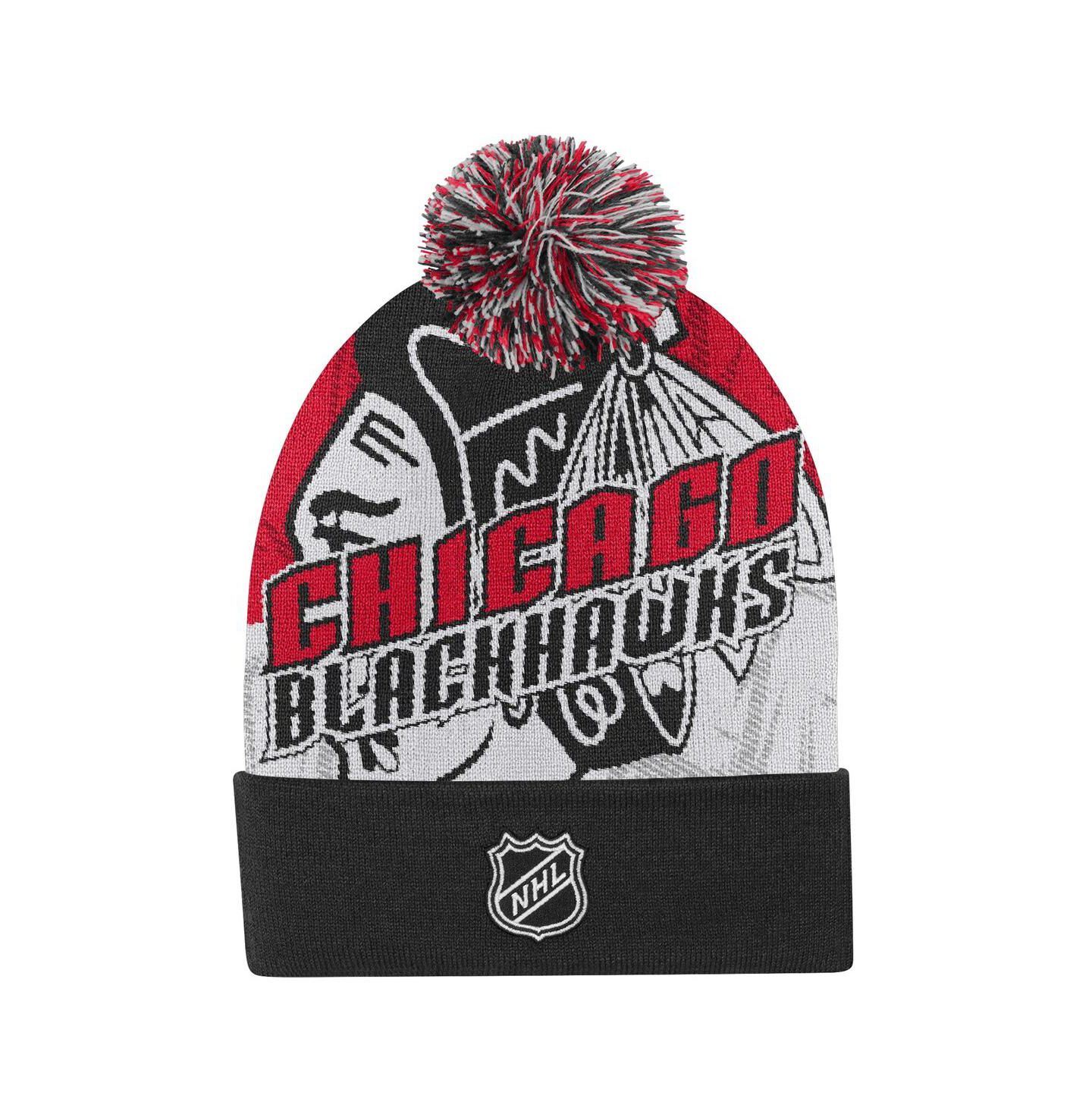 Детская шапка Outerstuff Red Chicago Blackhawks New Edge Cuffed with Pom Knit Hat — фото 2