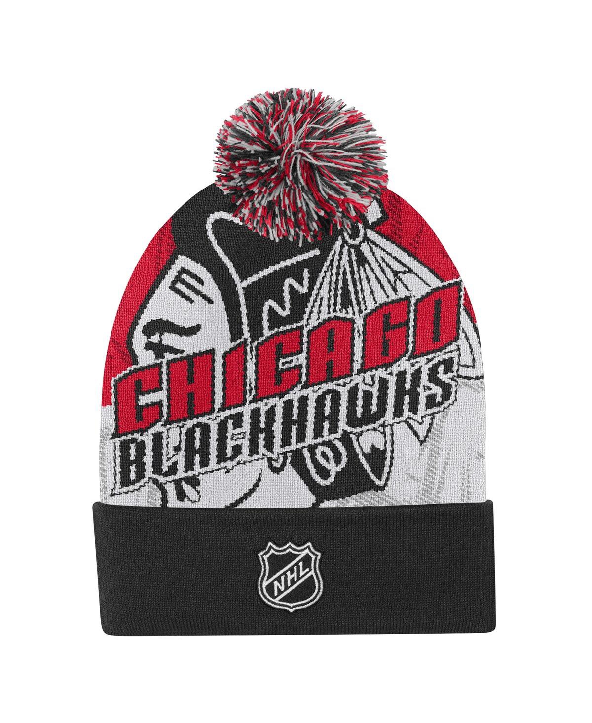 Outerstuff Big Boys and Girls Red Chicago Blackhawks New Edge Cuffed with Pom Knit Hat