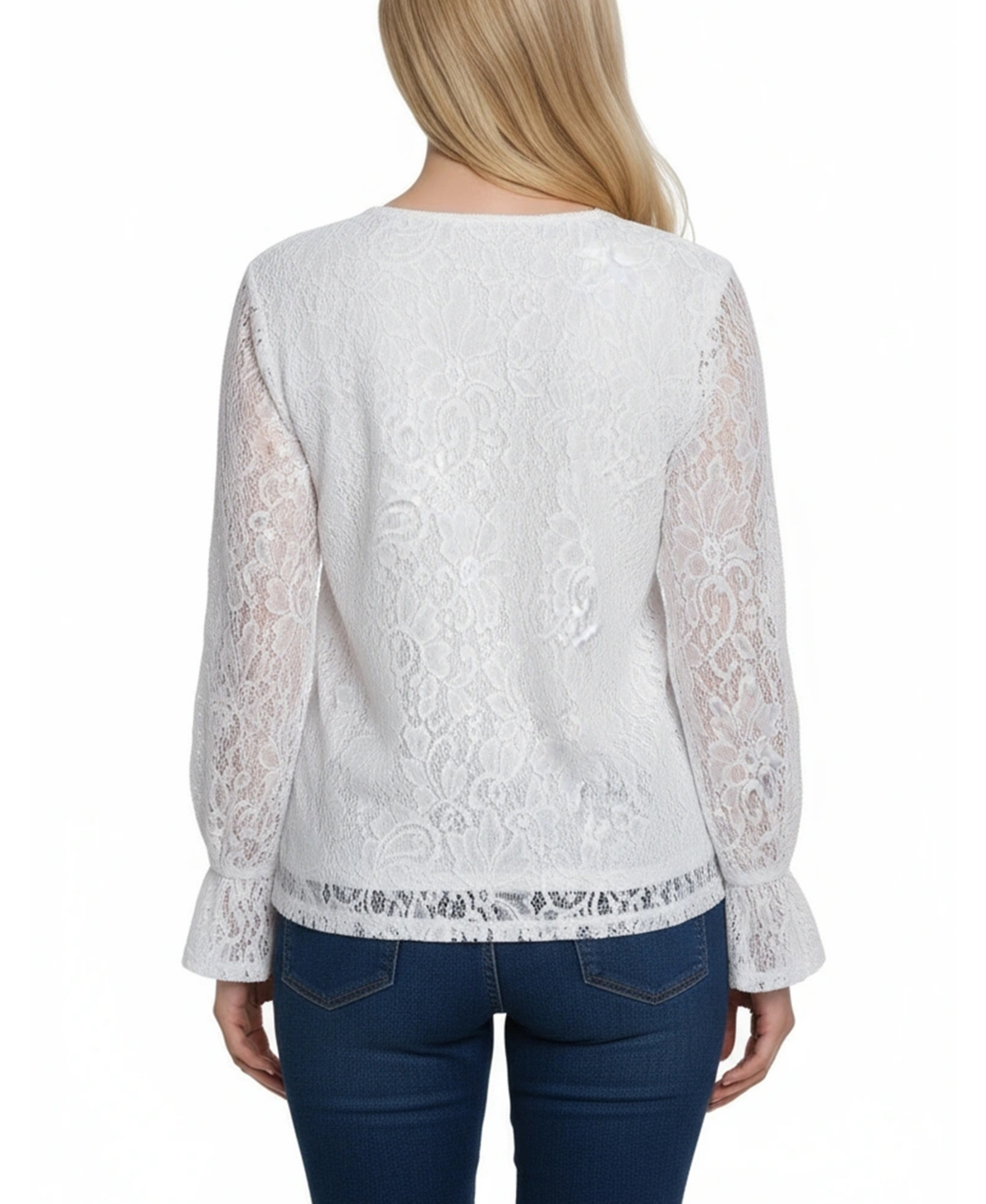 Ny Collection Women's Long Bell Sleeve Lace Top In White
