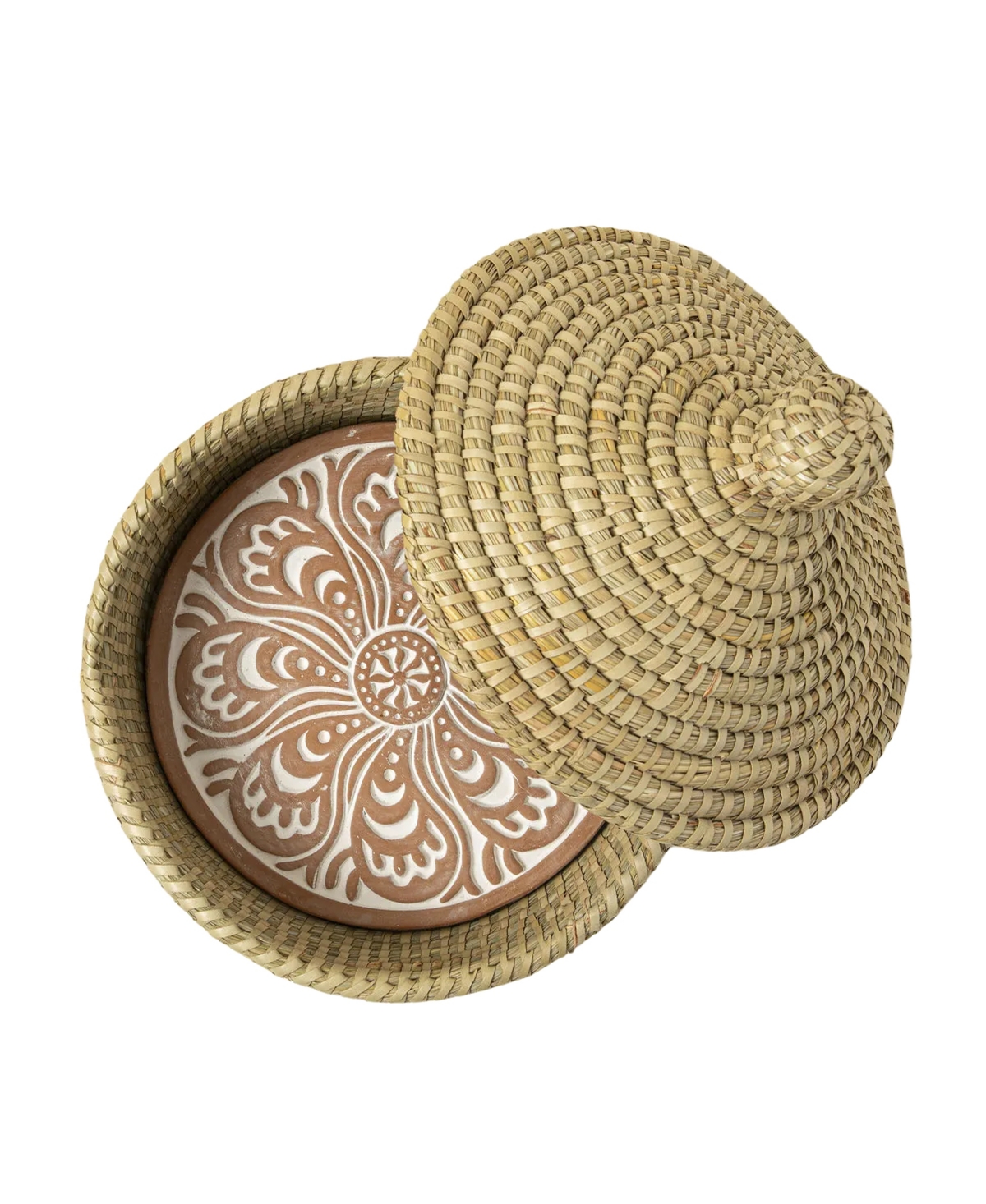 Uncommon Goods Traditional Terracotta and Kaisa Grass Bread Warming Set with Lid
