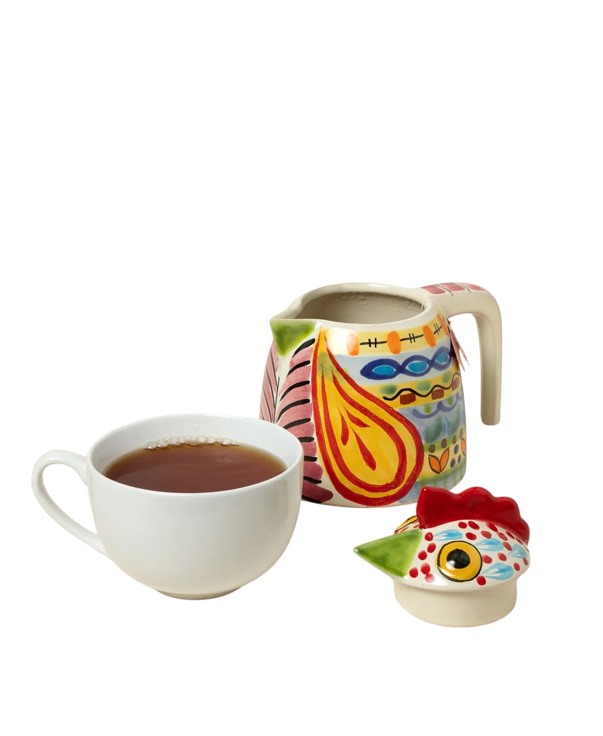 Uncommon Goods Majolica Rooster Hand-Painted Ceramic Tea Kettle