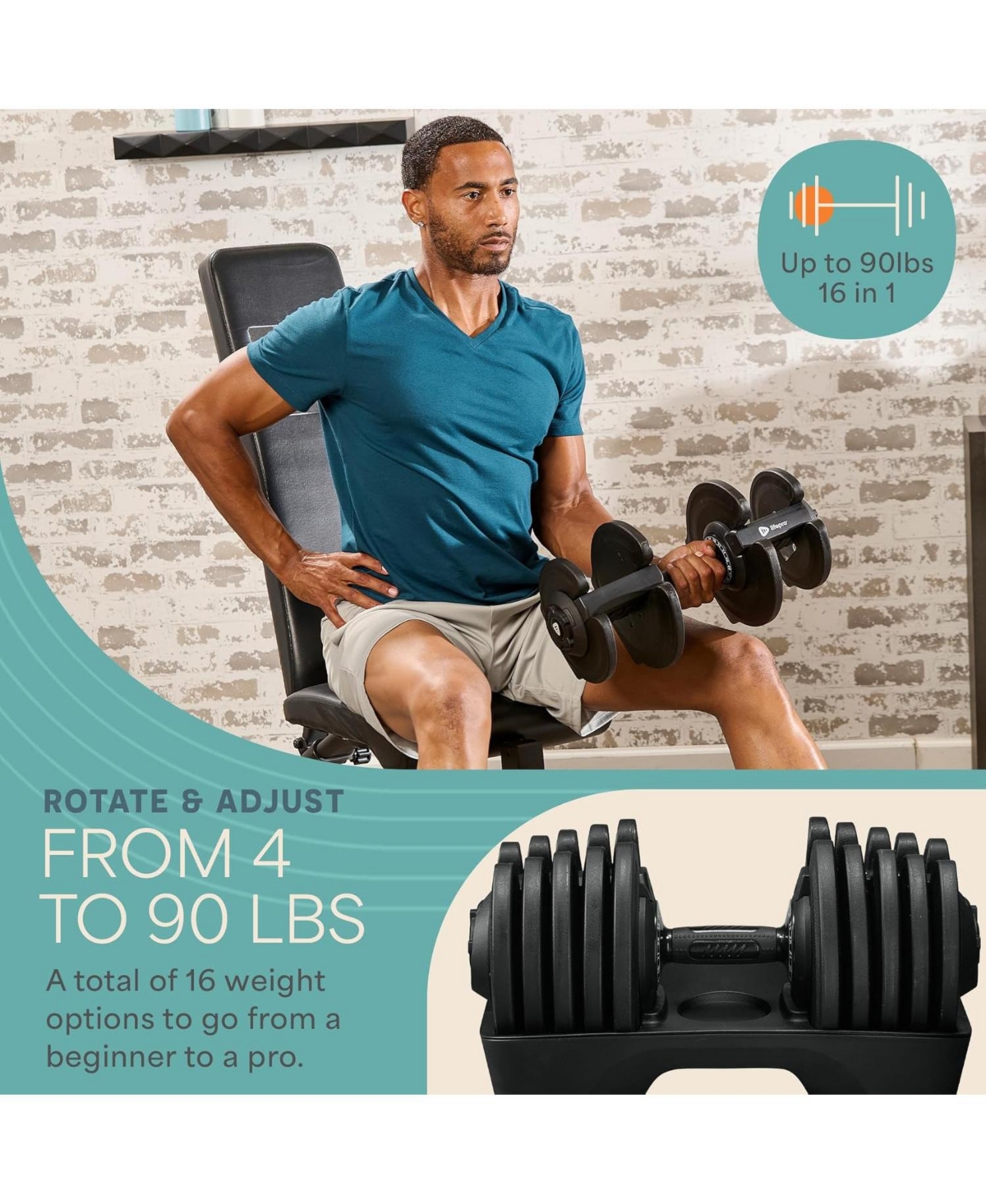 LifePro Single Adjustable Dumbbell – 4lb to 90lb Weight Range, Compact Design for Home Gym, Versatile Fitness Equipment