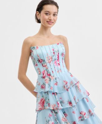 Juniors' Corset-Bodice Ruffled Gown