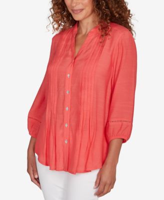 Petite Solid Silky Slub Pleated Button Front Top