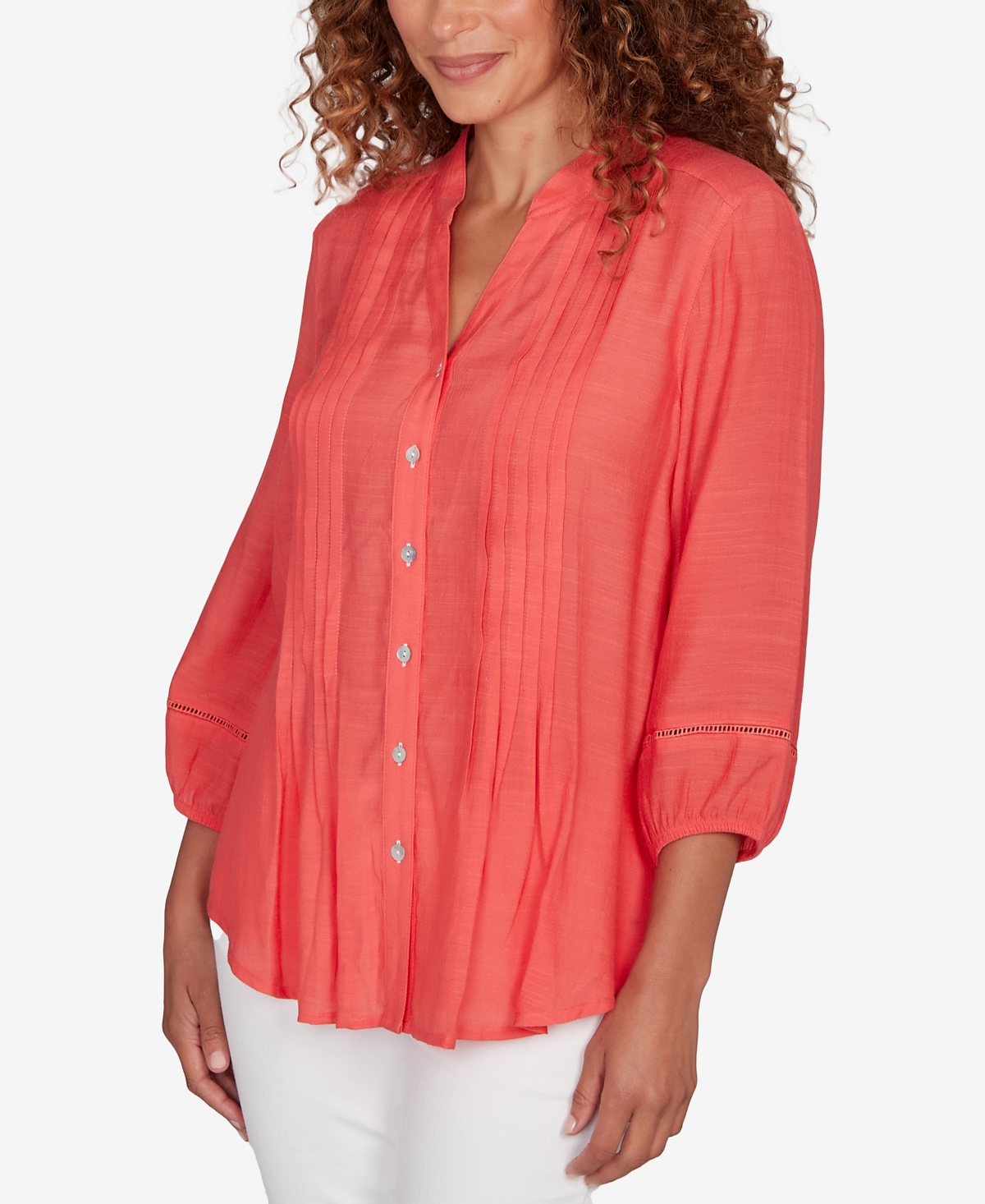 Ruby Rd. Petite Solid Silky Slub Pleated Button Front Top In Pink