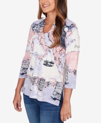 Petite Mediterranean Scenic Print Cotton Top
