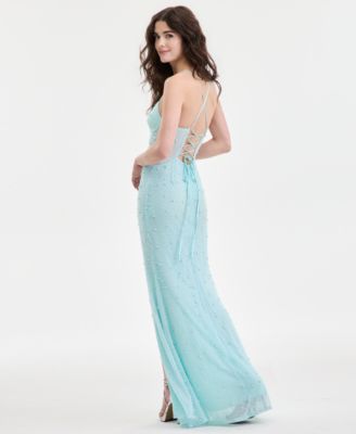 Juniors' V-Neck Lace-Up-Back Beaded Gown 