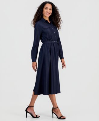 Women's Belted Button Long-Sleeve Fit & Flare Dress