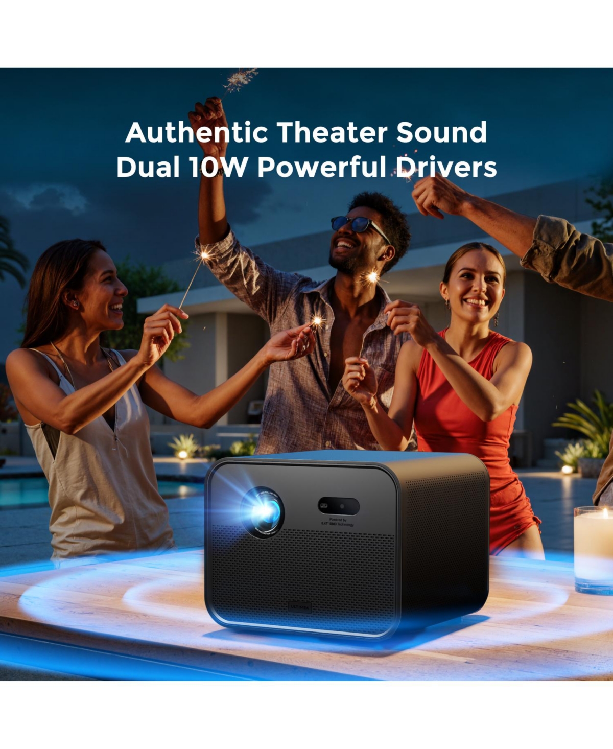 Ultimea Poseidon E100 4K Projector with Dlp Tech, 1800 Ansi Projector with WiFi and Bluetooth, 300'' Home Theater with Active 3D & 120% Dci-P3