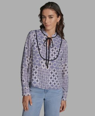 BCBG - Women's Tie-Collar Long-Sleeve Printed Top