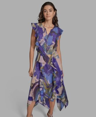 Women's Handkerchief Hem Ruffle V-Neck Midi Dress