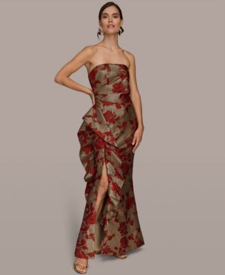 Women's Strapless Floral Gathered Ruffled Gown with Split Hem Dress