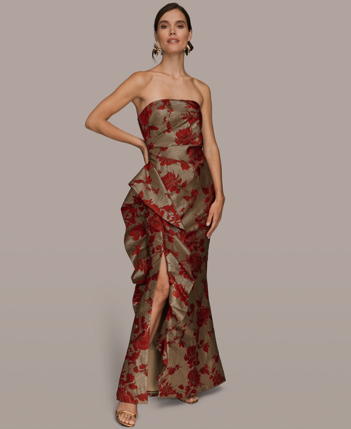 Donna Karan Women's Strapless Floral Gathered Ruffled Gown With Split Hem Dress In Multi