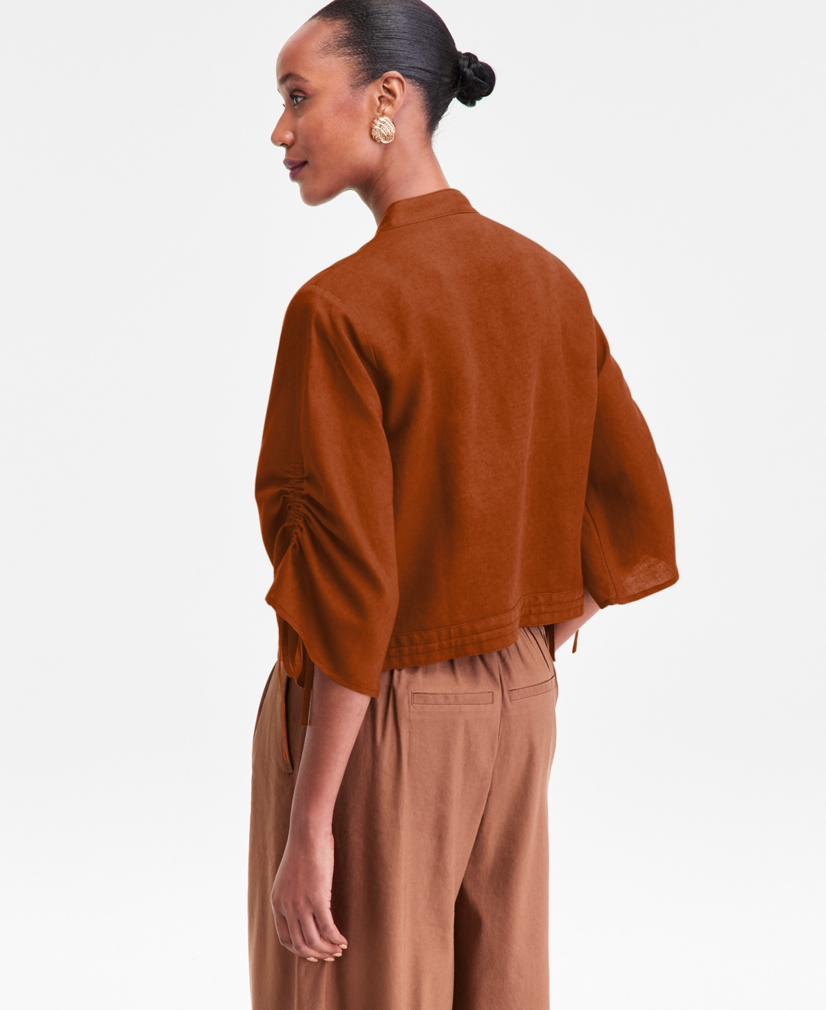 Inc International Concepts Women's Tie-sleeve Chambray Tie-waist Blouse, Macy's Exclusive In Brown