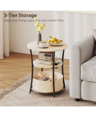 Side Table with Charging Station, 3-Tier Round End Table, Natural