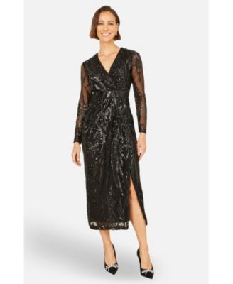 Women's Sequin Midi Long Sleeve Wrap Dress