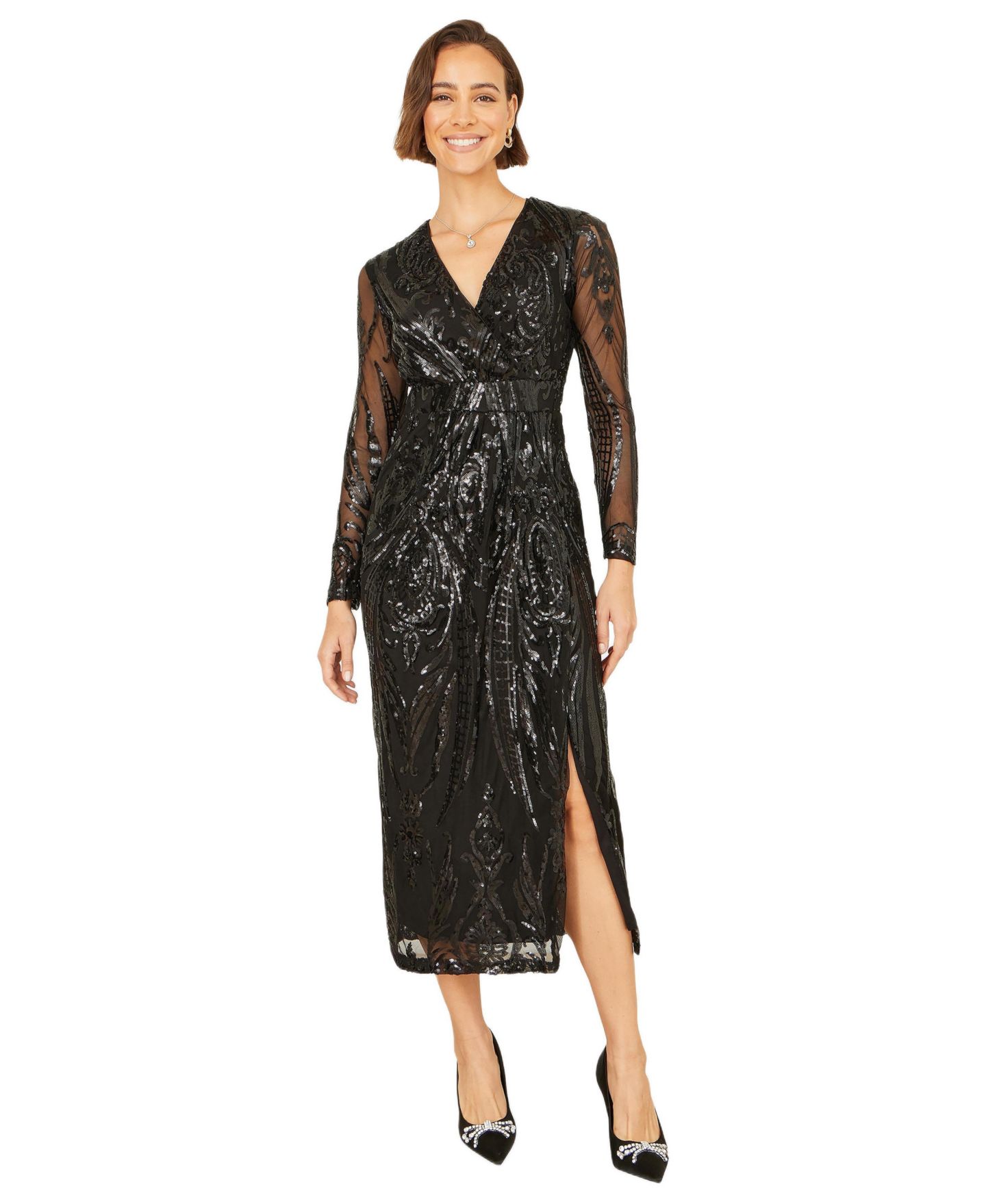 Женское платье Yumi Sequin Midi Long Sleeve Wrap, цвет: Чёрный — фото 1