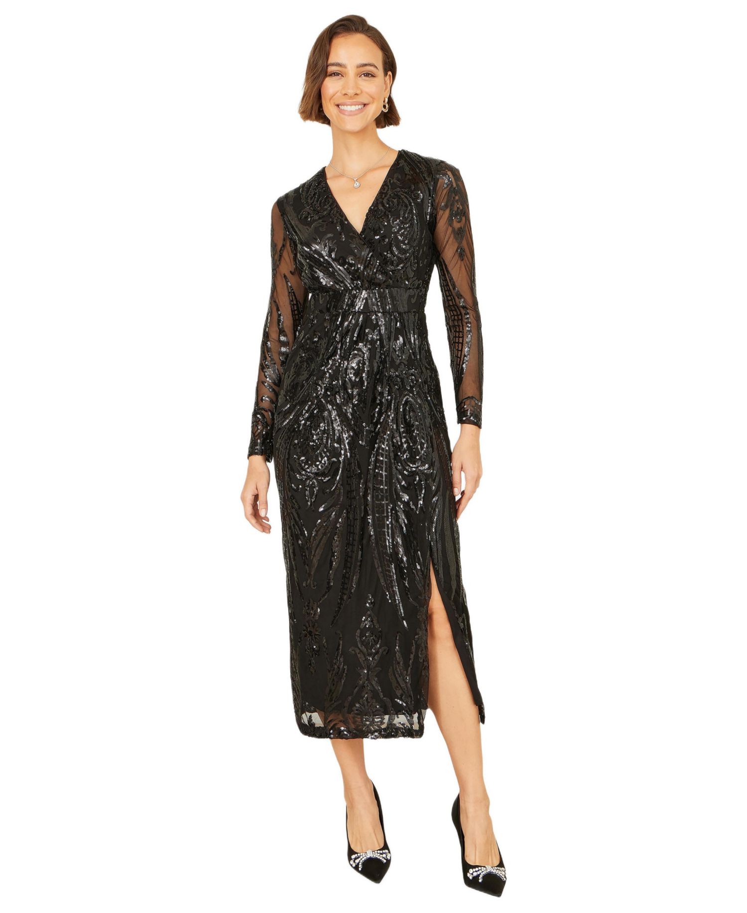 Women's Sequin Midi Long Sleeve Wrap Dress
