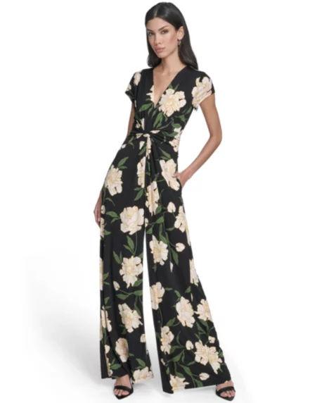 Petite V-Neck Short-Sleeve Jumpsuit - Black