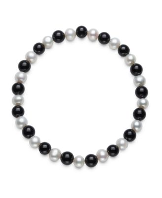 Cultured Freshwater Pearl (6-7mm) and 6mm Onyx Stretch Bracelet and Stud Set in Sterling Silver