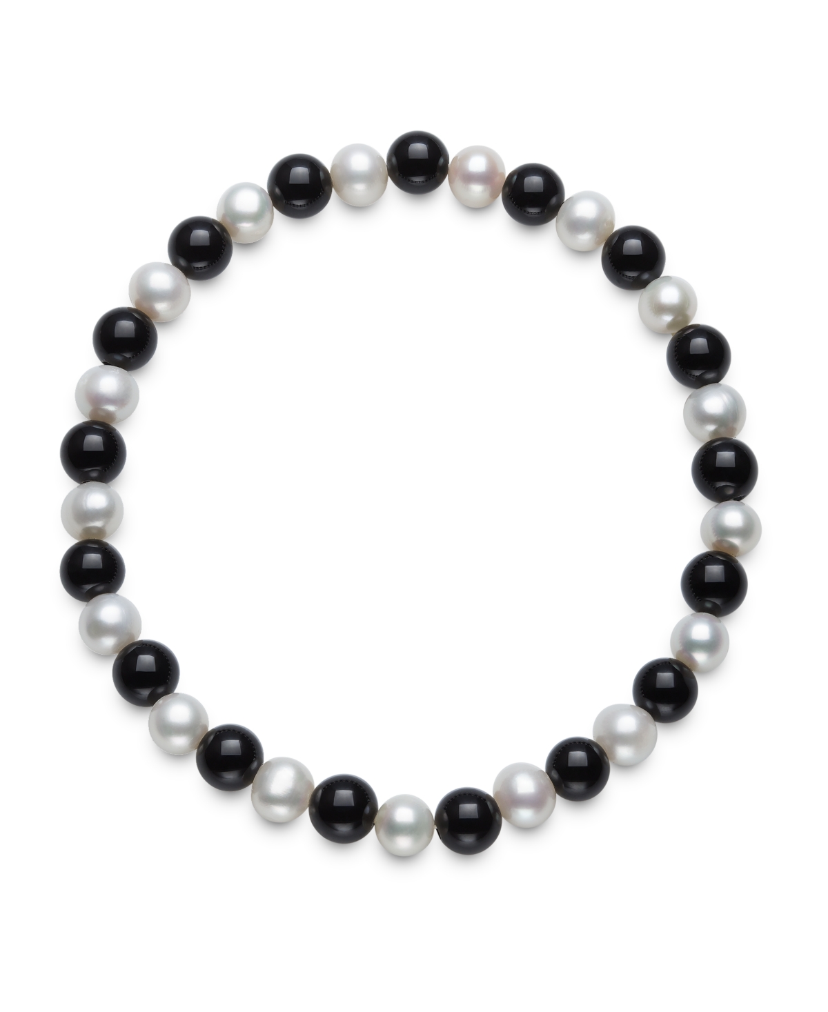 Macy's Cultured Freshwater Pearl (6-7mm) And 6mm Onyx Stretch Bracelet And Stud Set In Sterling Silver In Black