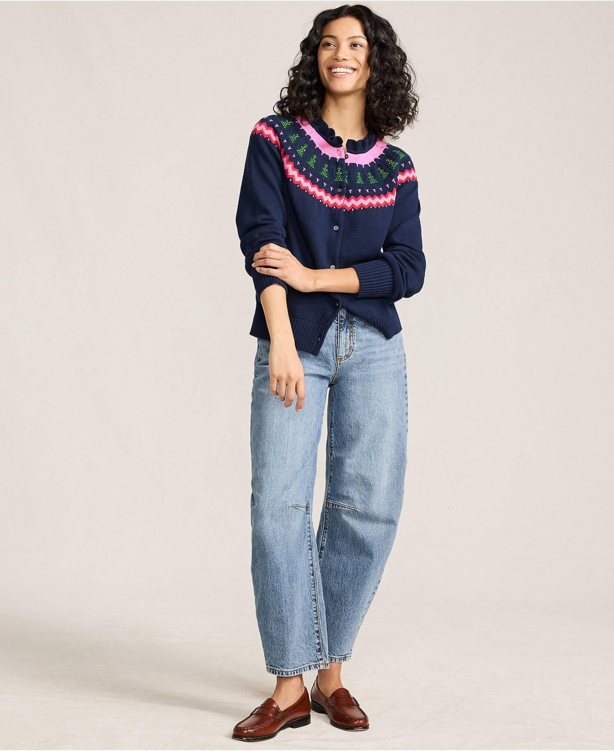 Lands' End Women's Drifter Lurex Ruffle Neck Jacquard Cardigan Sweater