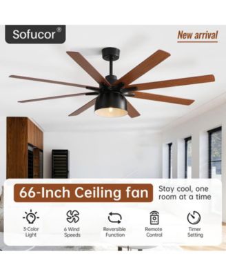 66-inch Modern Black 8-Blade Ceiling Fan with Remote Control and Timing Function
