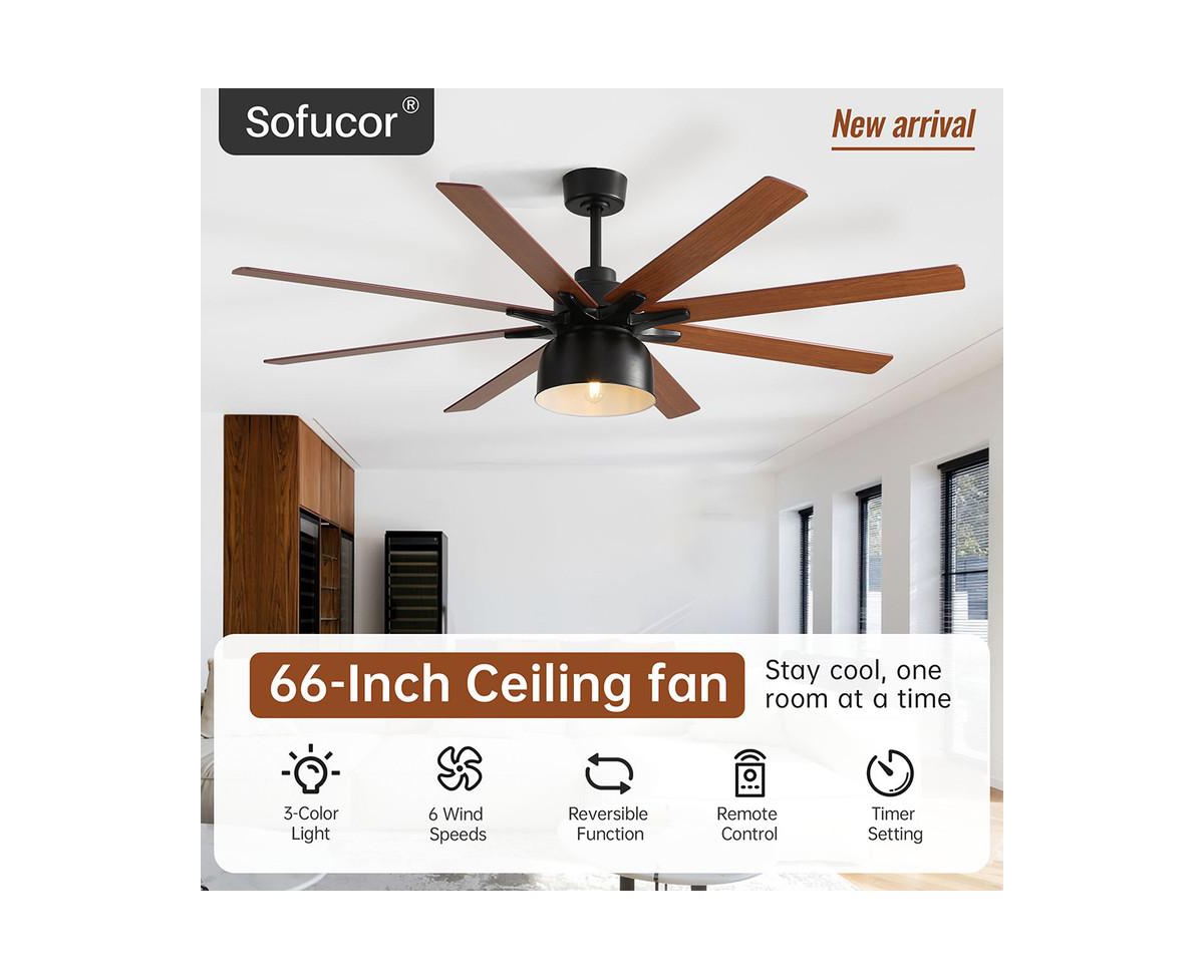 Sofucor 66-inch Modern Black 8-Blade Ceiling Fan with Remote Control and Timing Function