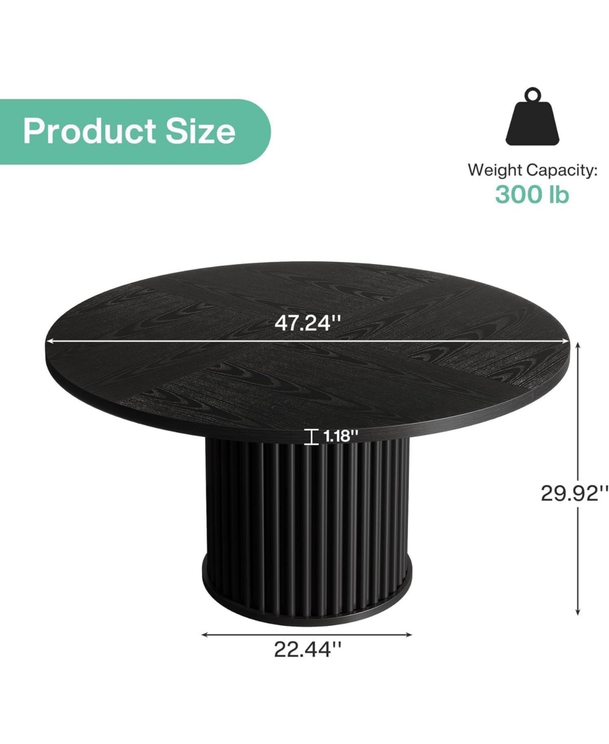 Tribesigns Black Round Dining Table for 4-6 People, Modern Fluted Mdf + Metal Base Kitchen Table (Only Table)