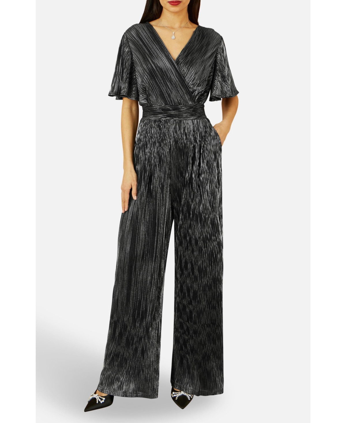Yumi Women's Pleated Jumpsuit With V Neck