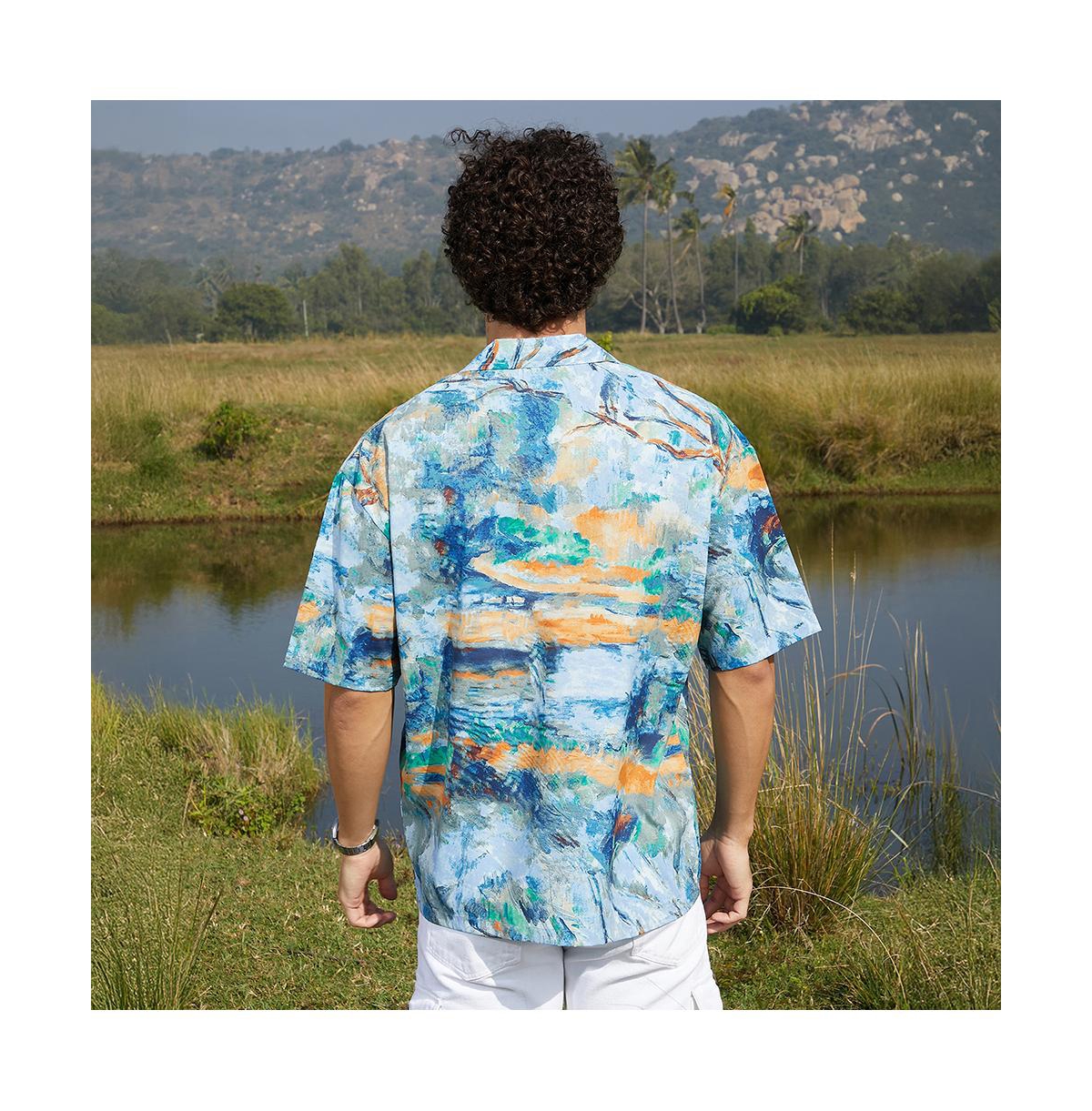 Campus Sutra Men's Sky Blue & Pumkin Orange Indie-Block Oversized Shirt