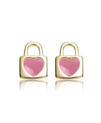 Kids 14K Gold Plated Colored Enamel Heart-Shaped Lock Earrings