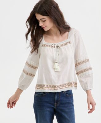 Women's Embroidered Square-Neck Peasant Top