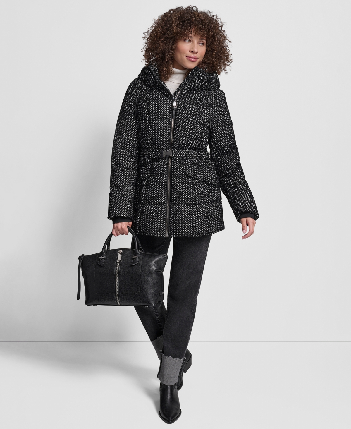 Dkny Women's Belted Hooded Puffer Coat In Black