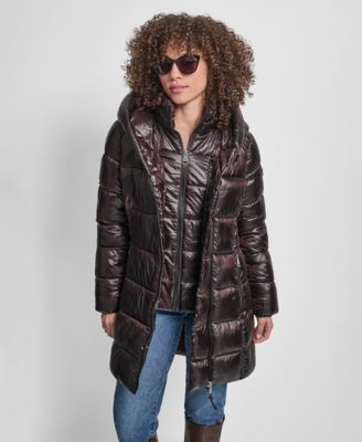 Women's Bibbed Shawl-Collar Packable Shine Puffer Coat